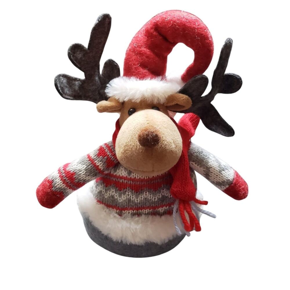 Holiday Moose in Knit Sweater‎ and Red Hat Fabric 9" Shelf /Tabletop Decoration